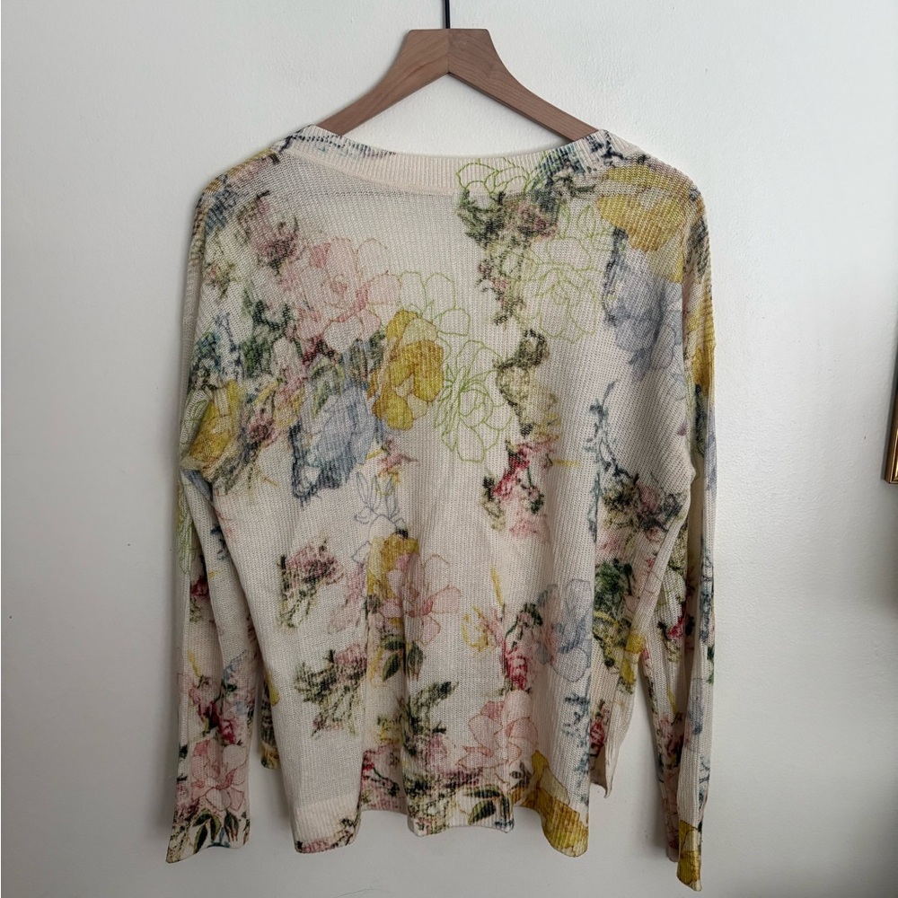 Anthropologie Floral Printed V Neck Cream Knit Sweater Chic Women Small NWOT AD - Picture 6 of 7